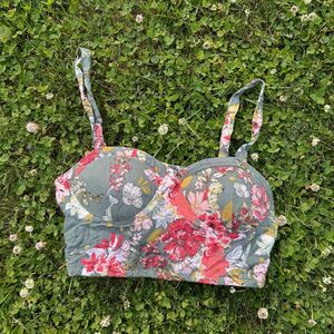 BOG Green Floral Print Corset Crop Top Sz M Smocked Back Padded Cups Lined